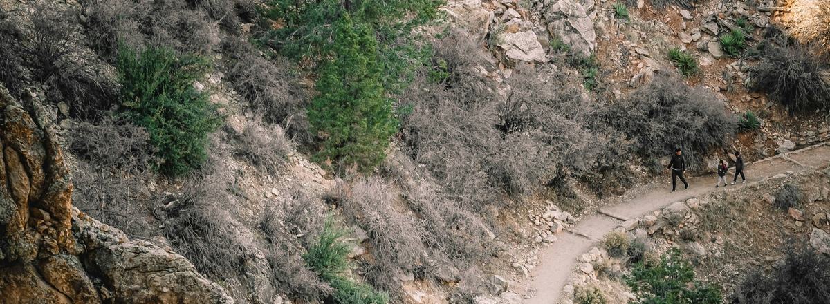 A dirt hiking trail winding along a rocky desert canyon